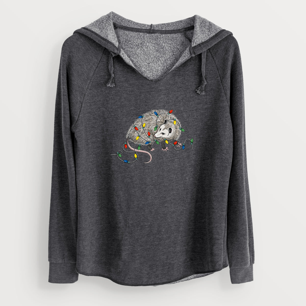 Charcoal grey women's Cali Wave hooded sweatshirt laid flat, printed with a black ink opossum tangled in a string of colorful holiday lights.