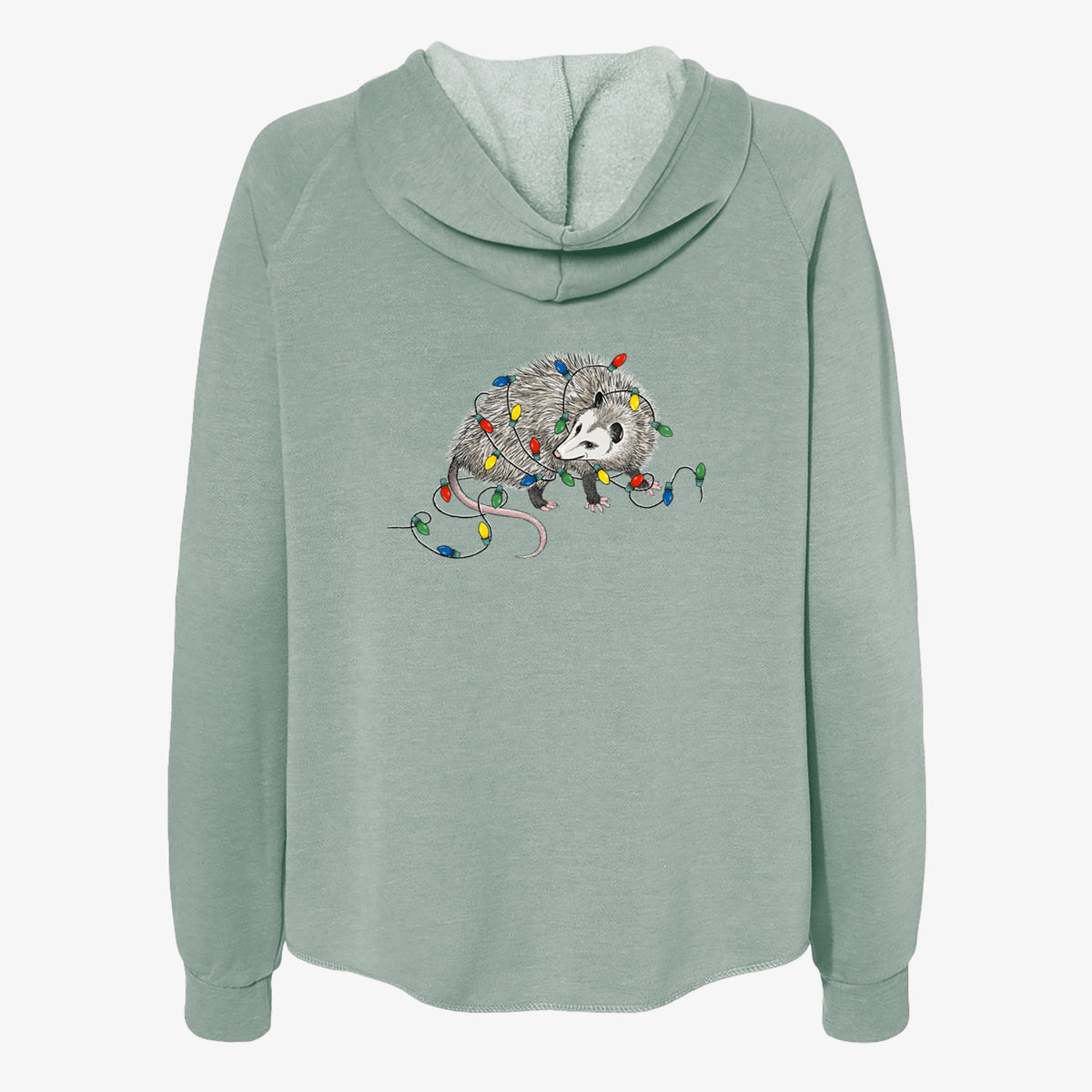 Sage green women's Cali Wave zip-up sweatshirt laid flat, printed with a black ink opossum tangled in a string of colorful holiday lights.