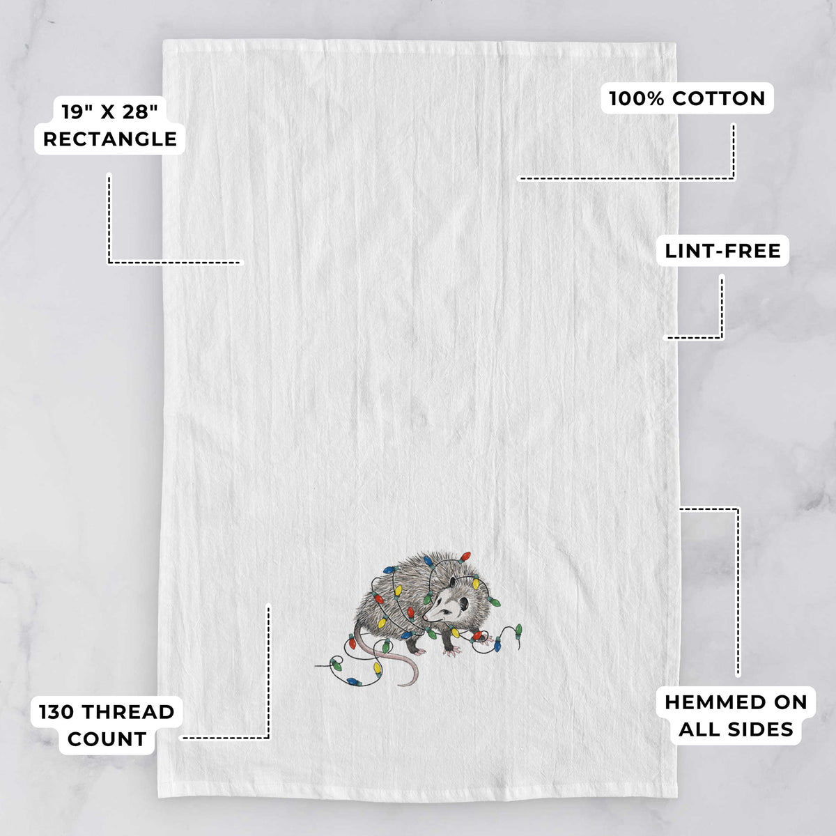 White tea towel printed with a black ink opossum tangled in a string of colorful holiday lights, with feature labels: 19 by 28 inch rectangle, 100% cotton, lint-free, 130 thread count, hemmed on all sides.