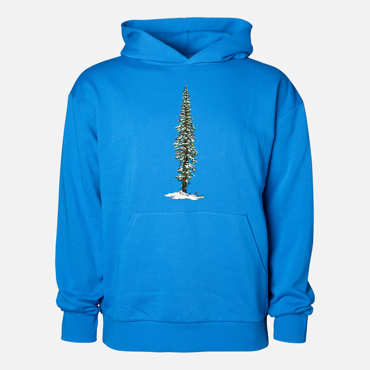 Christmas Redwood Tree - Statement Midweight Hoodie in Azure Blue, shown from the front with the design printed on the chest above a front kangaroo pocket.