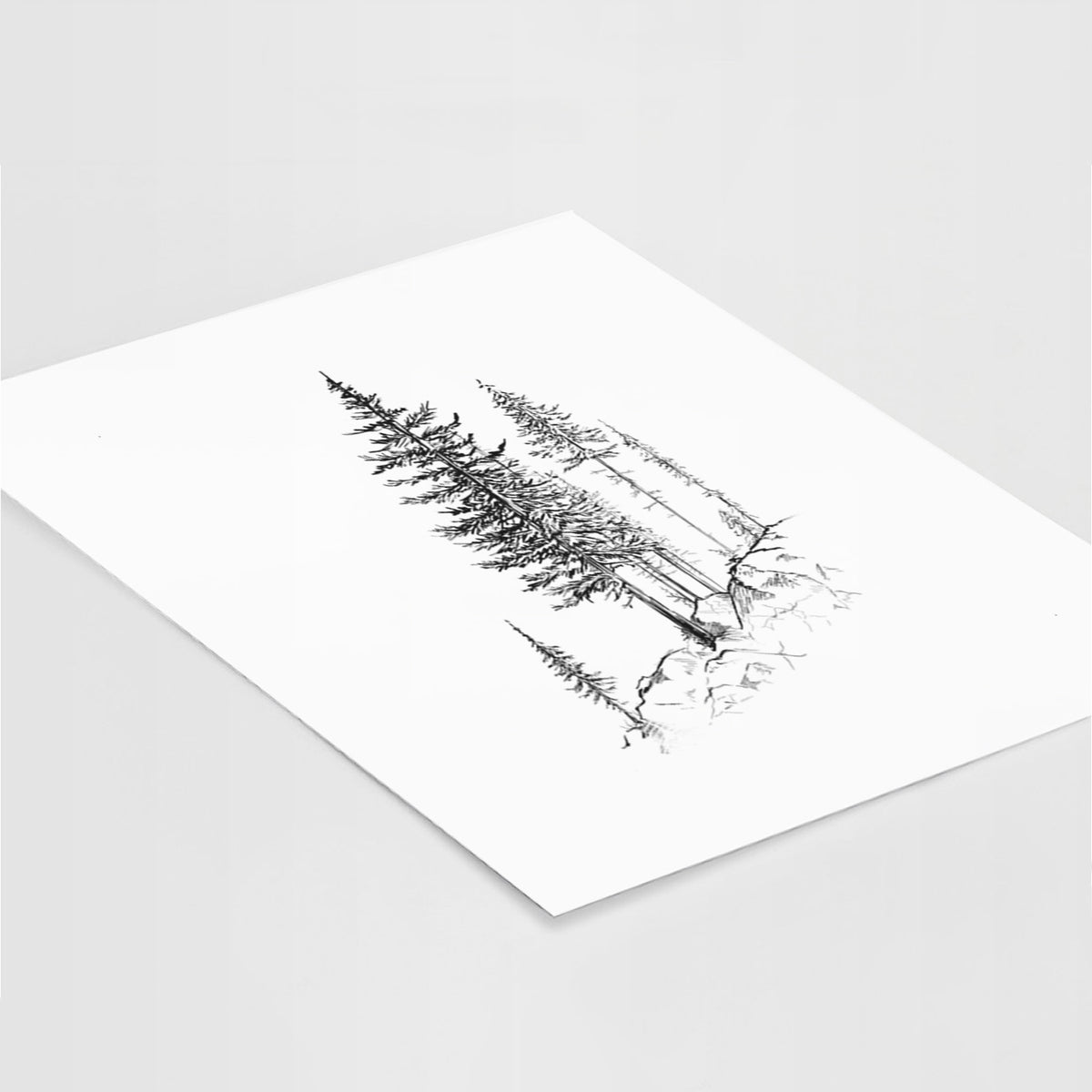 Art print of a black ink illustration of tall pine trees growing from a rocky cliff, lying at an angle on a white surface.