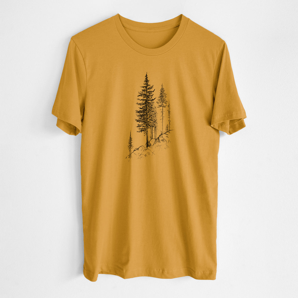 Honeycomb yellow lightweight cotton t-shirt laid flat, printed with a black ink illustration of tall pine trees growing from a rocky cliff.