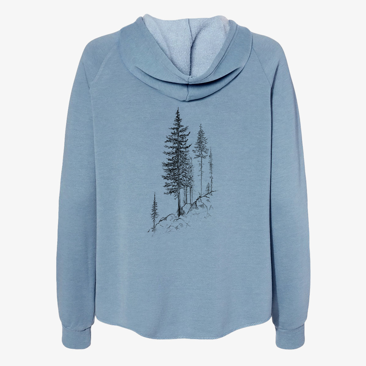Misty blue women's Cali Wave zip-up sweatshirt laid flat, printed with a black ink illustration of tall pine trees growing from a rocky cliff.