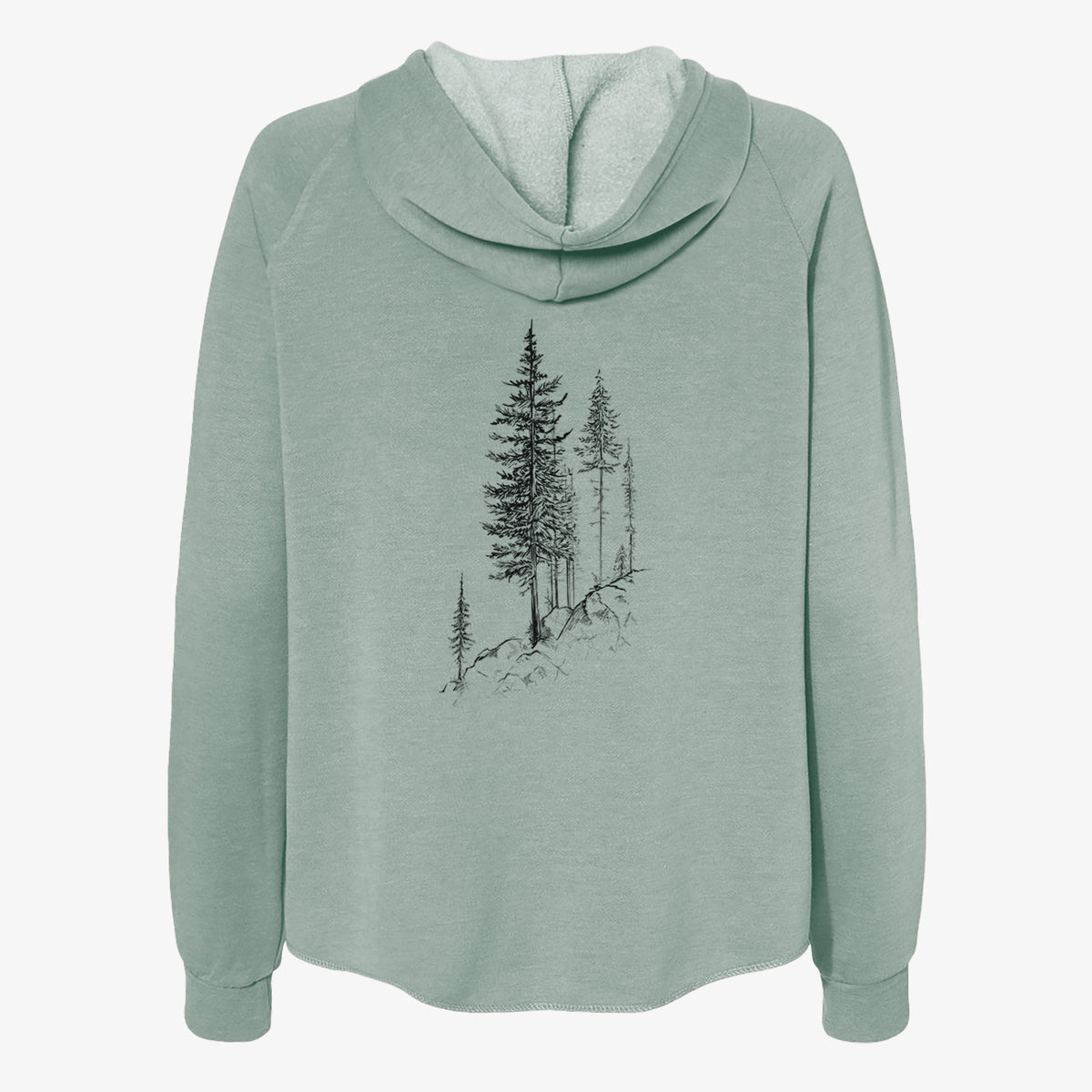 Sage green women's Cali Wave zip-up sweatshirt laid flat, printed with a black ink illustration of tall pine trees growing from a rocky cliff.