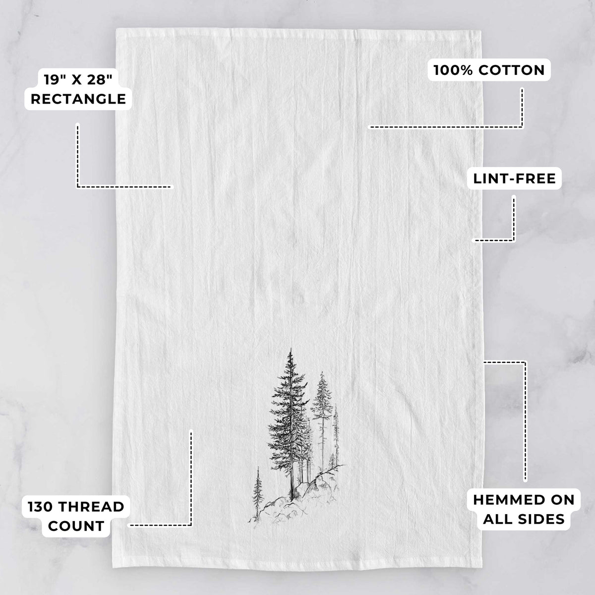 White tea towel printed with a black ink illustration of tall pine trees growing from a rocky cliff, with feature labels: 19 by 28 inch rectangle, 100% cotton, lint-free, 130 thread count, hemmed on all sides.