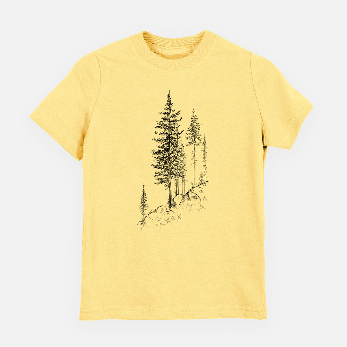 Butter yellow youth t-shirt laid flat, printed with a black ink illustration of tall pine trees growing from a rocky cliff.