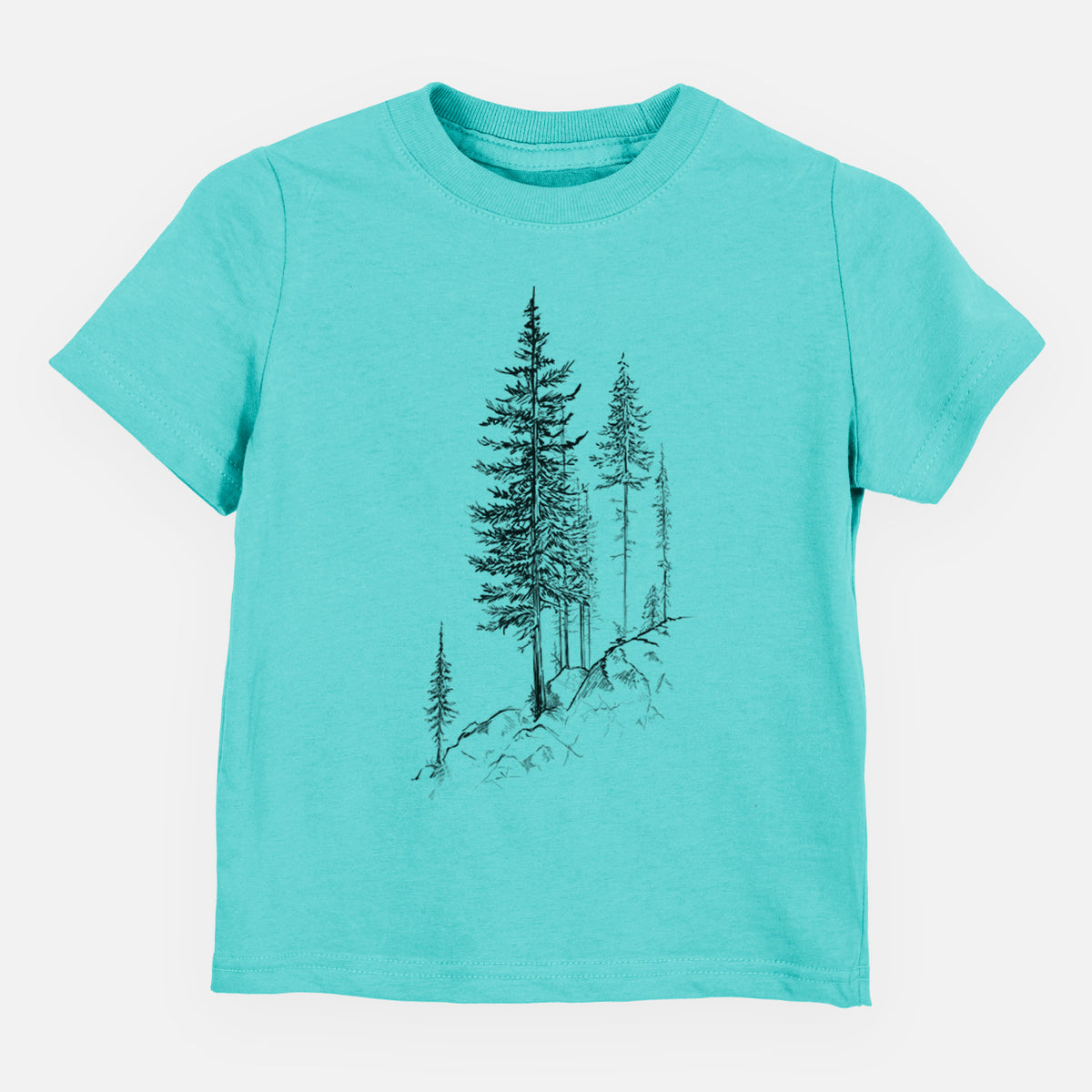 Caribbean blue toddler t-shirt laid flat, printed with a black ink illustration of tall pine trees growing from a rocky cliff.
