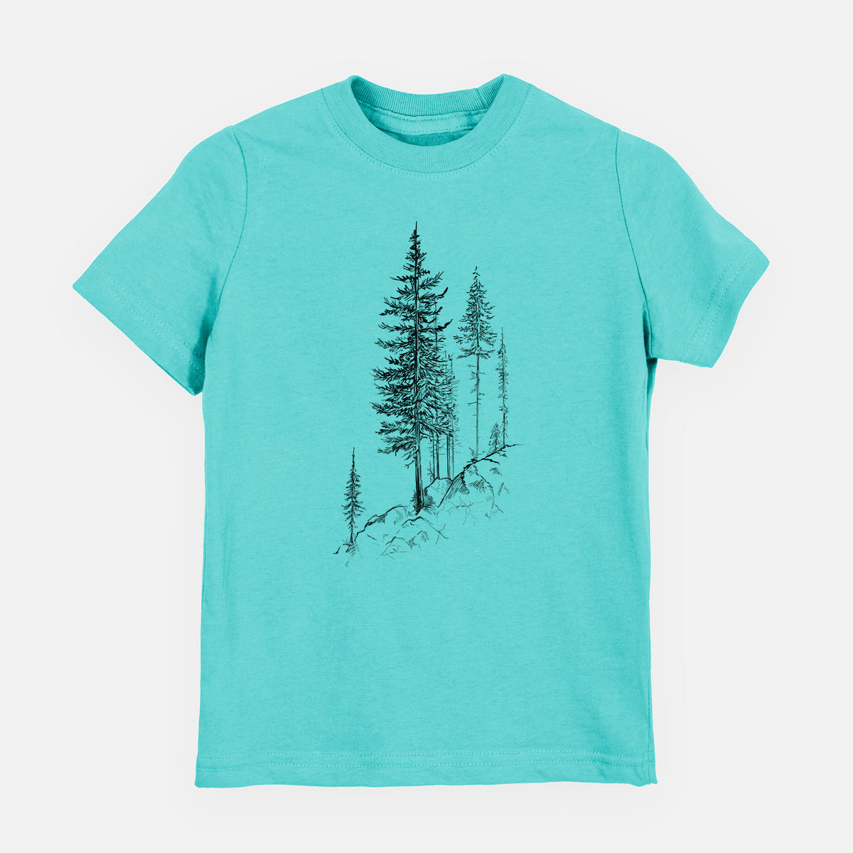 Caribbean blue youth t-shirt laid flat, printed with a black ink illustration of tall pine trees growing from a rocky cliff.