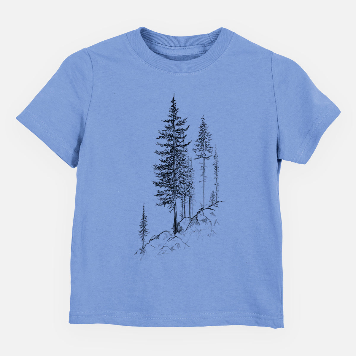 Carolina blue toddler t-shirt laid flat, printed with a black ink illustration of tall pine trees growing from a rocky cliff.