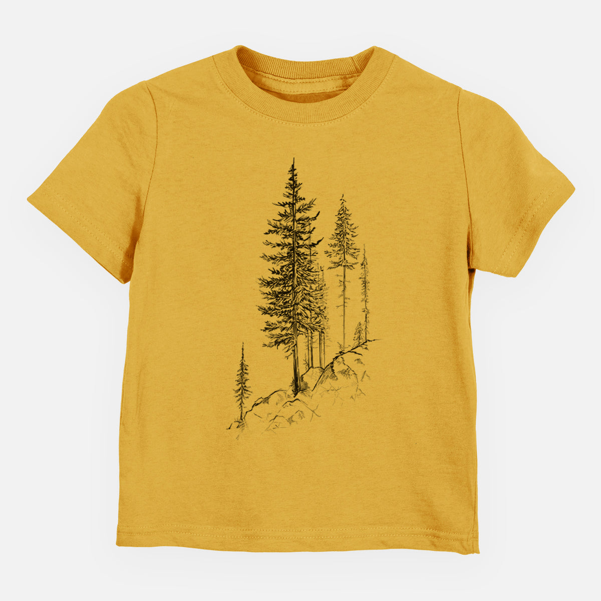 Honeycomb yellow toddler t-shirt laid flat, printed with a black ink illustration of tall pine trees growing from a rocky cliff.