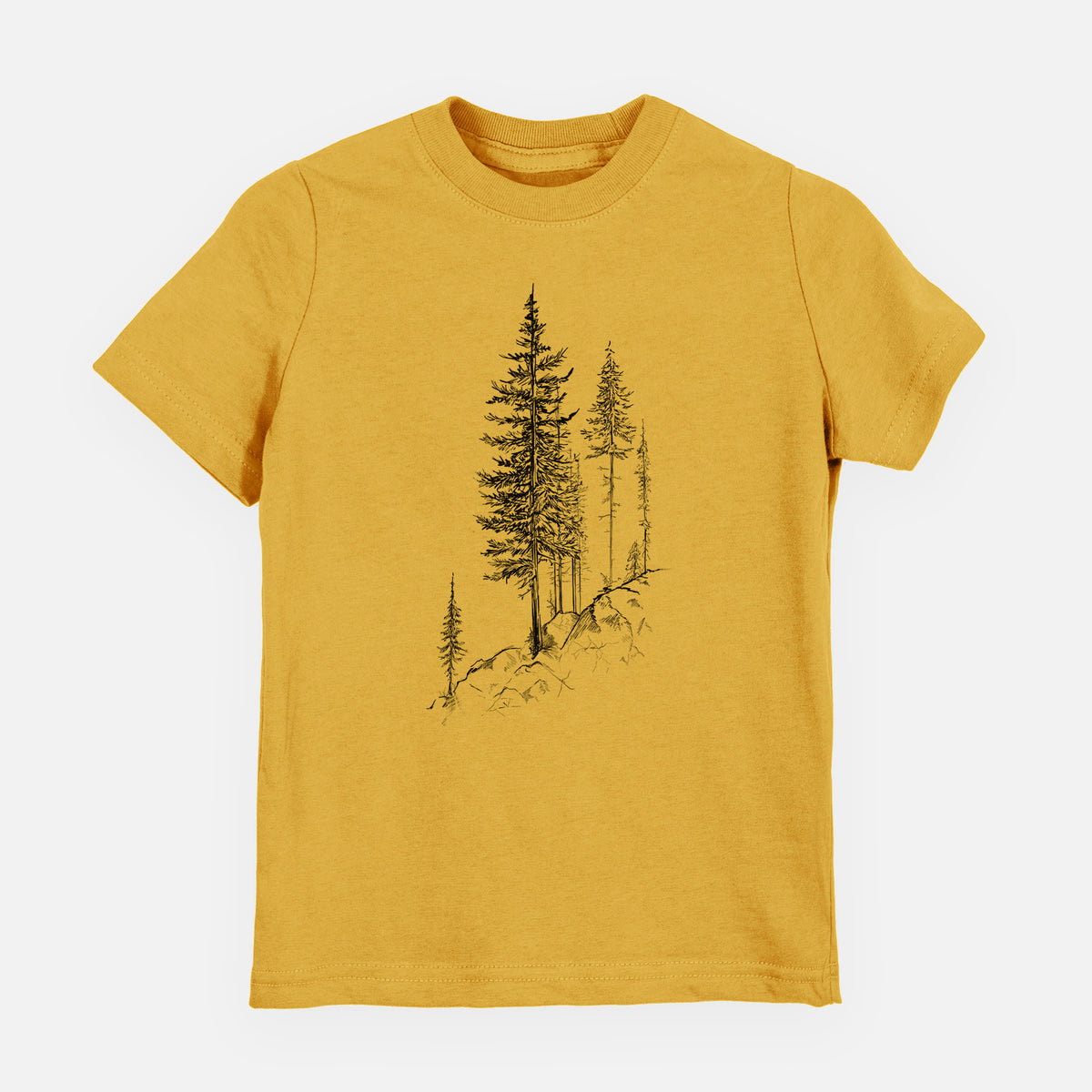 Honeycomb yellow youth t-shirt laid flat, printed with a black ink illustration of tall pine trees growing from a rocky cliff.