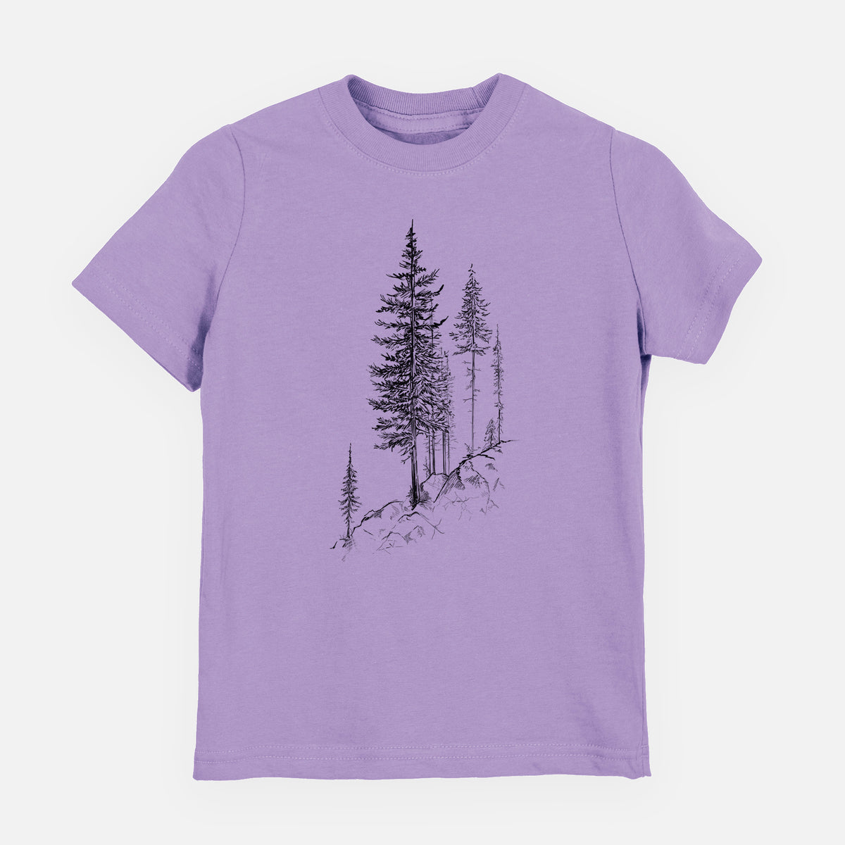 Lavender youth t-shirt laid flat, printed with a black ink illustration of tall pine trees growing from a rocky cliff.