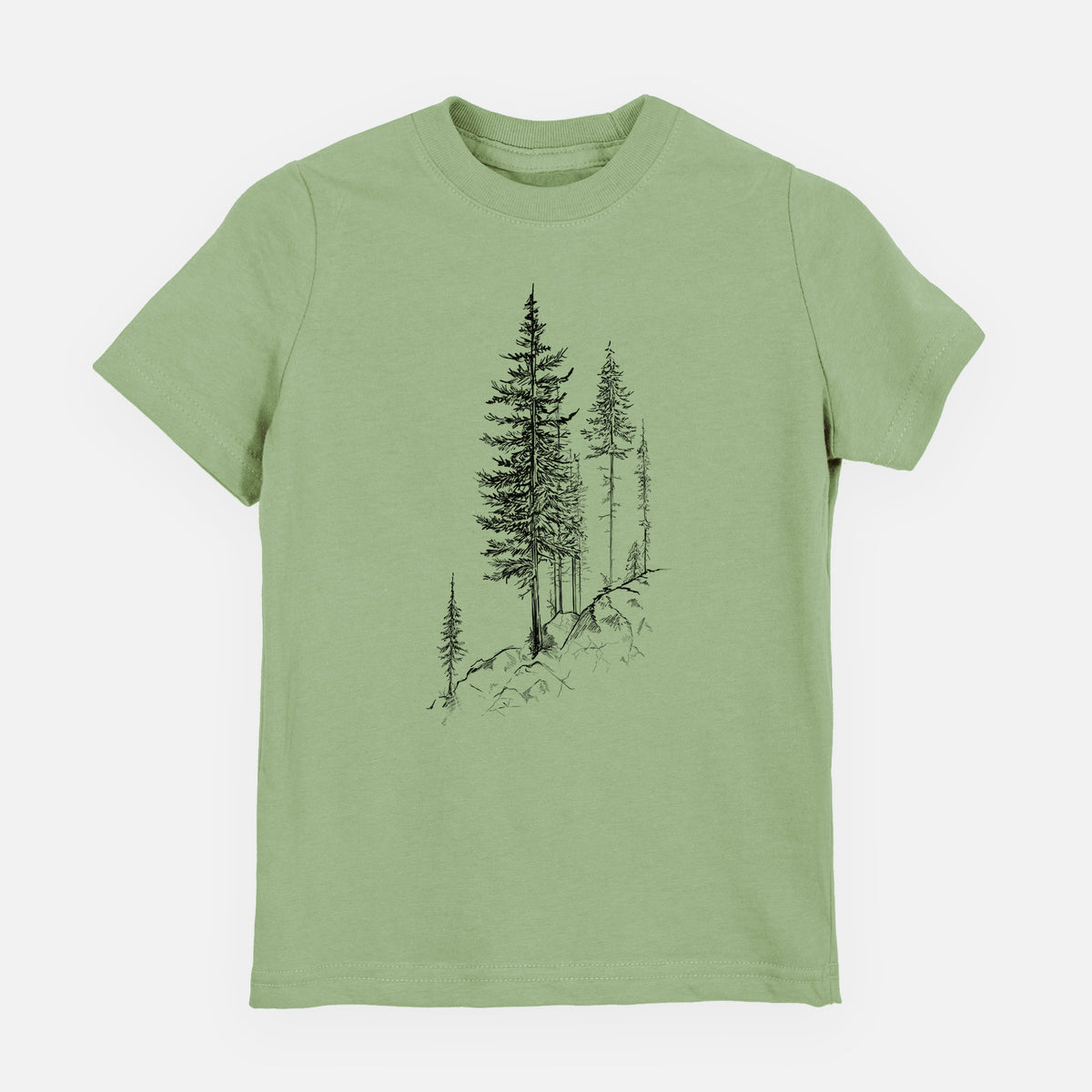 Sage green youth t-shirt laid flat, printed with a black ink illustration of tall pine trees growing from a rocky cliff.