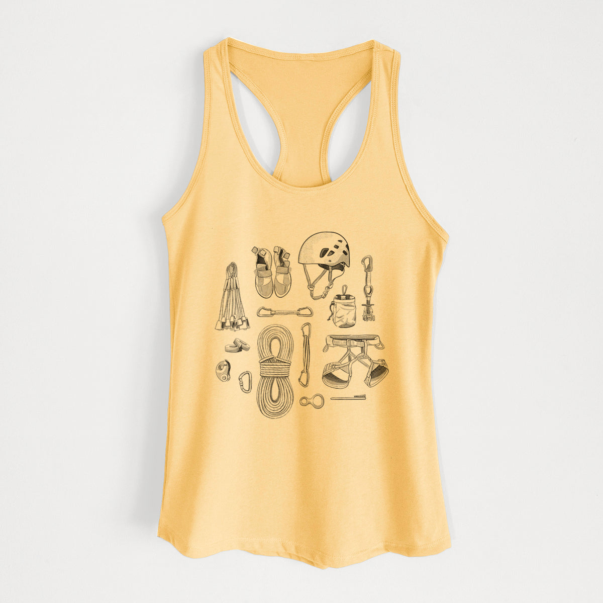 Banana cream women's racerback tank top laid flat, printed with a black ink flat lay of rock climbing gear, including a helmet, shoes, rope, harness and carabiners.