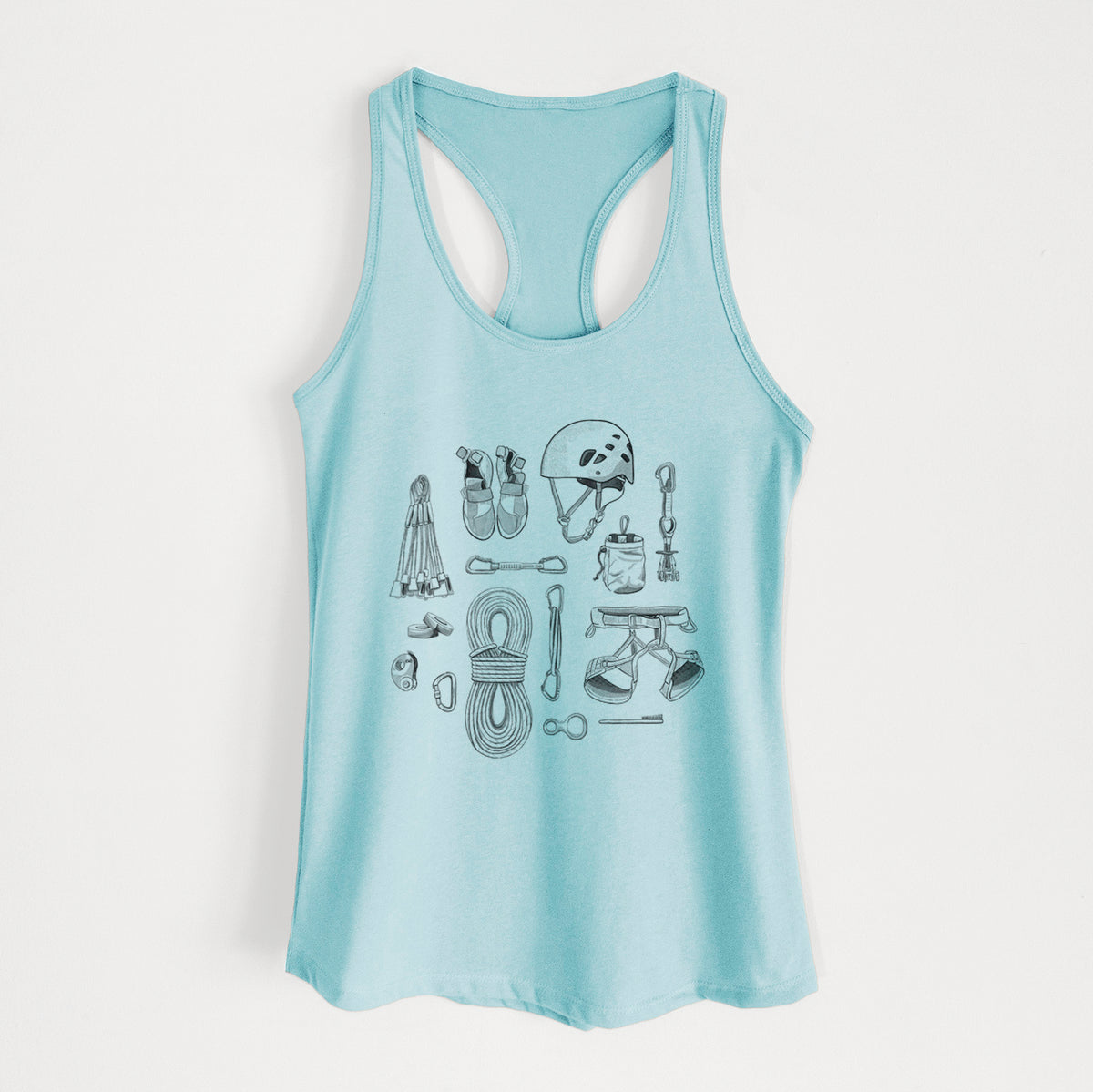 Cancun blue women's racerback tank top laid flat, printed with a black ink flat lay of rock climbing gear, including a helmet, shoes, rope, harness and carabiners.