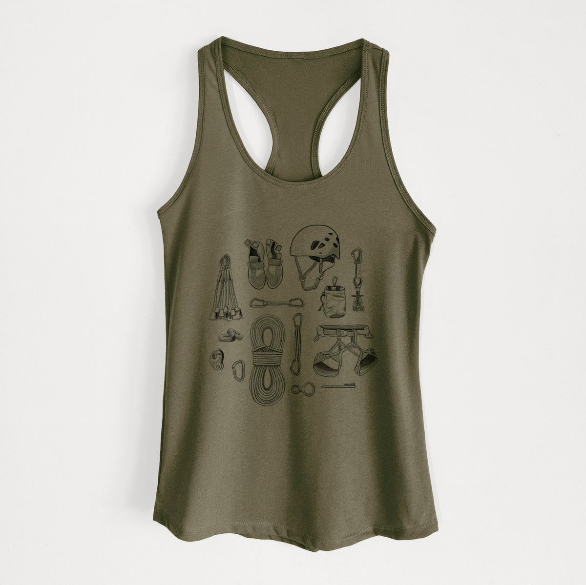 Military green women's racerback tank top laid flat, printed with a black ink flat lay of rock climbing gear, including a helmet, shoes, rope, harness and carabiners.