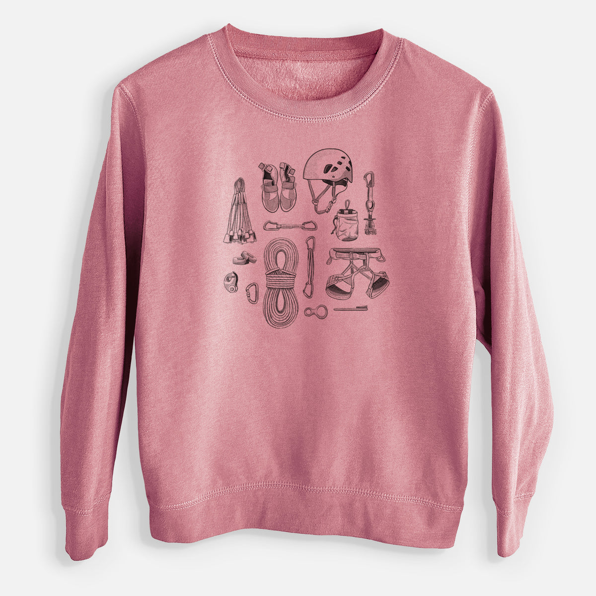 Mauve pink youth crewneck sweatshirt laid flat, printed with a black ink flat lay of rock climbing gear, including a helmet, shoes, rope, harness and carabiners.