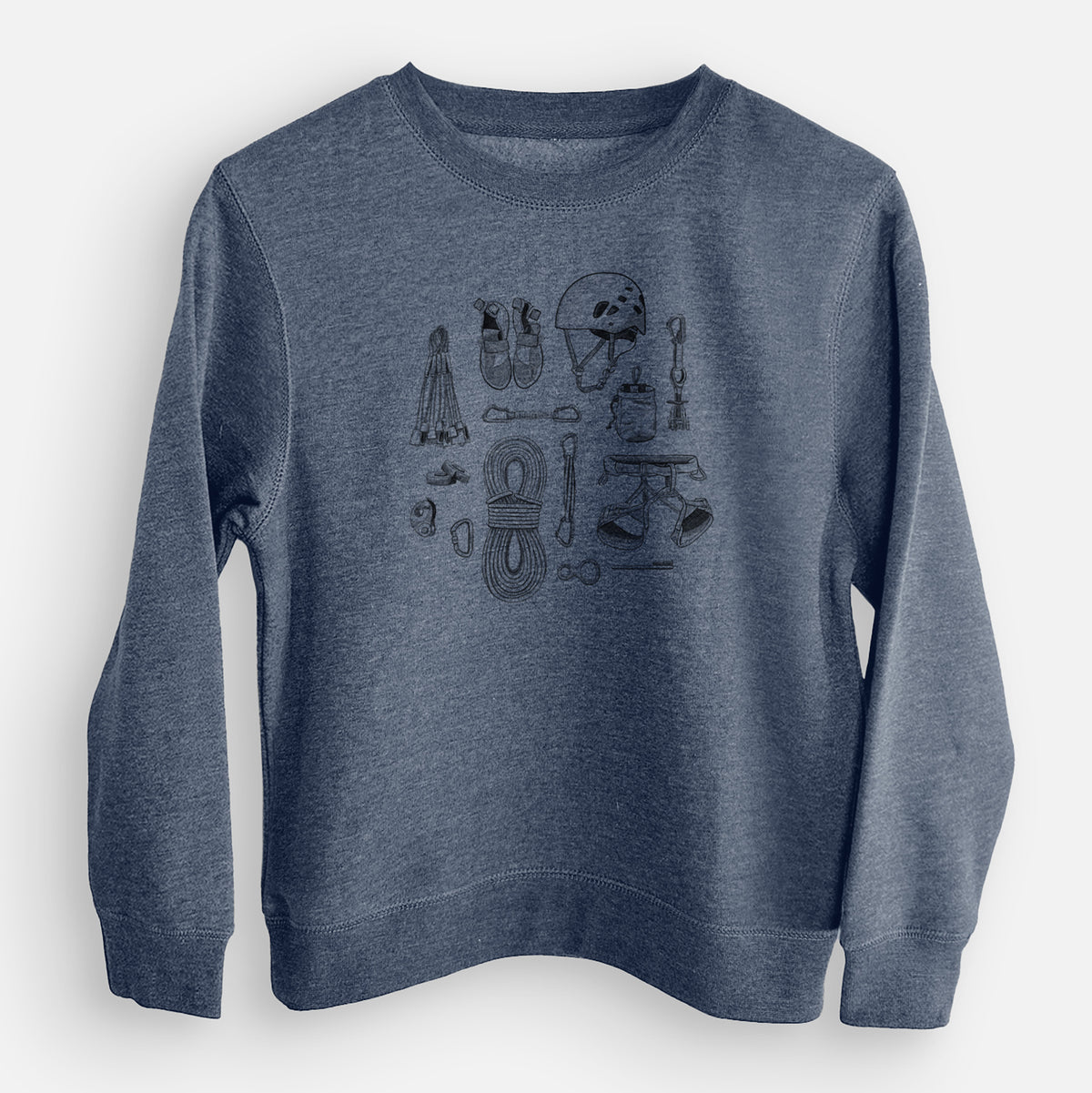 Storm blue youth crewneck sweatshirt laid flat, printed with a black ink flat lay of rock climbing gear, including a helmet, shoes, rope, harness and carabiners.