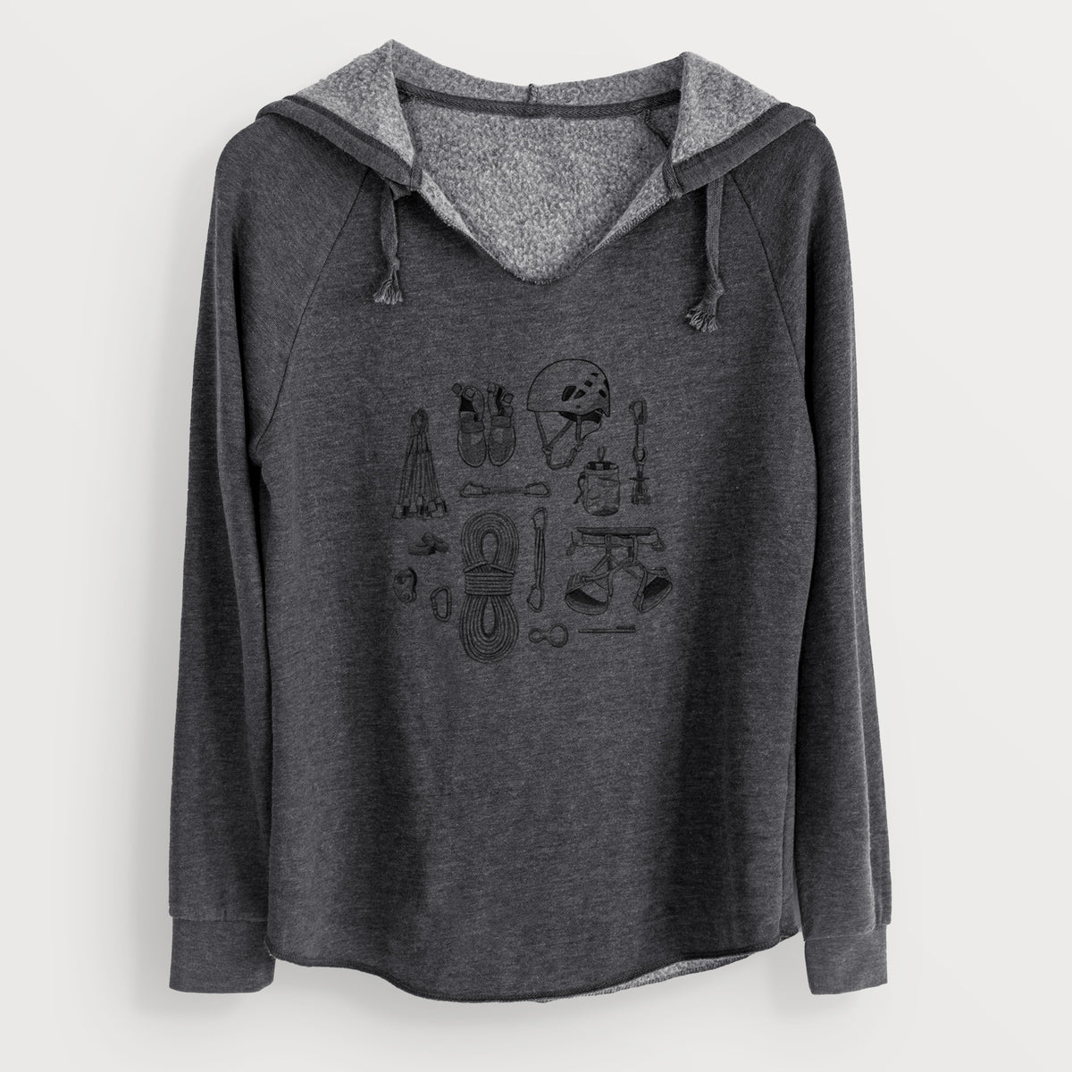 Charcoal grey women's Cali Wave hooded sweatshirt laid flat, printed with a black ink flat lay of rock climbing gear, including a helmet, shoes, rope, harness and carabiners.