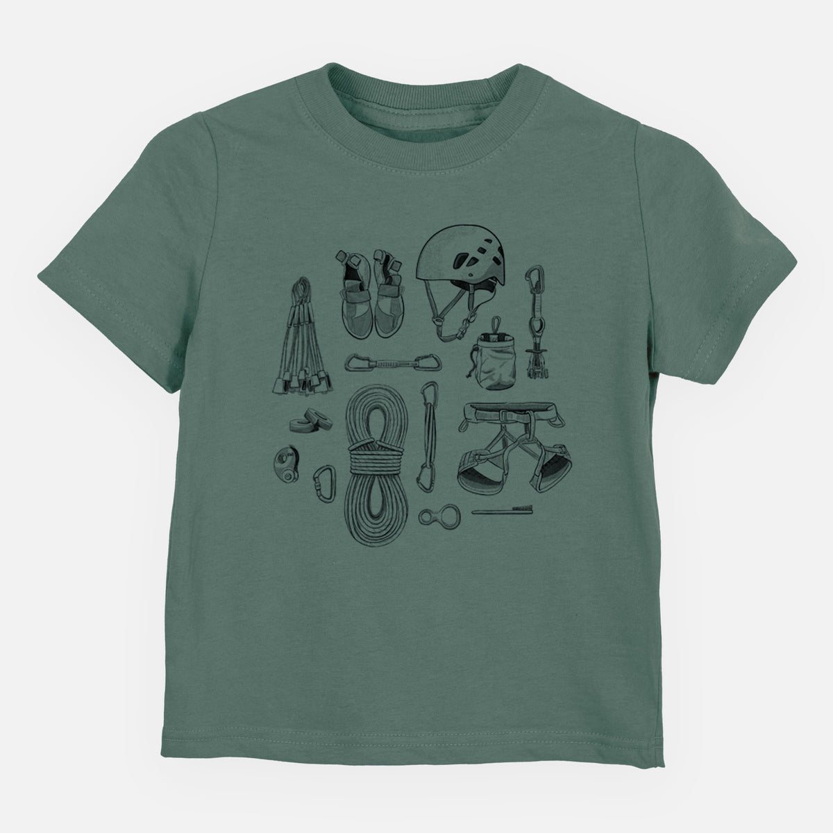 Basil green toddler t-shirt laid flat, printed with a black ink flat lay of rock climbing gear, including a helmet, shoes, rope, harness and carabiners.