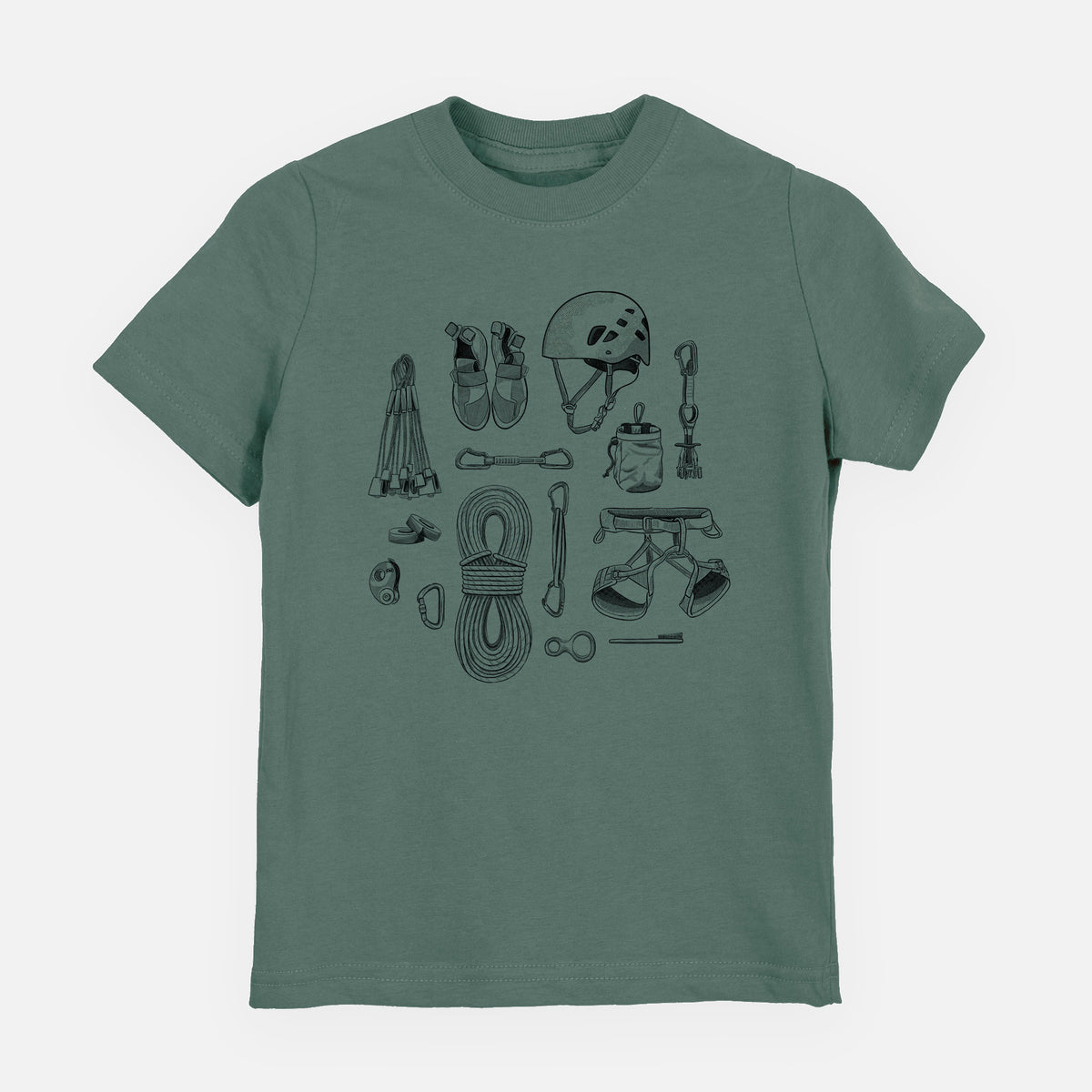 Basil green youth t-shirt laid flat, printed with a black ink flat lay of rock climbing gear, including a helmet, shoes, rope, harness and carabiners.