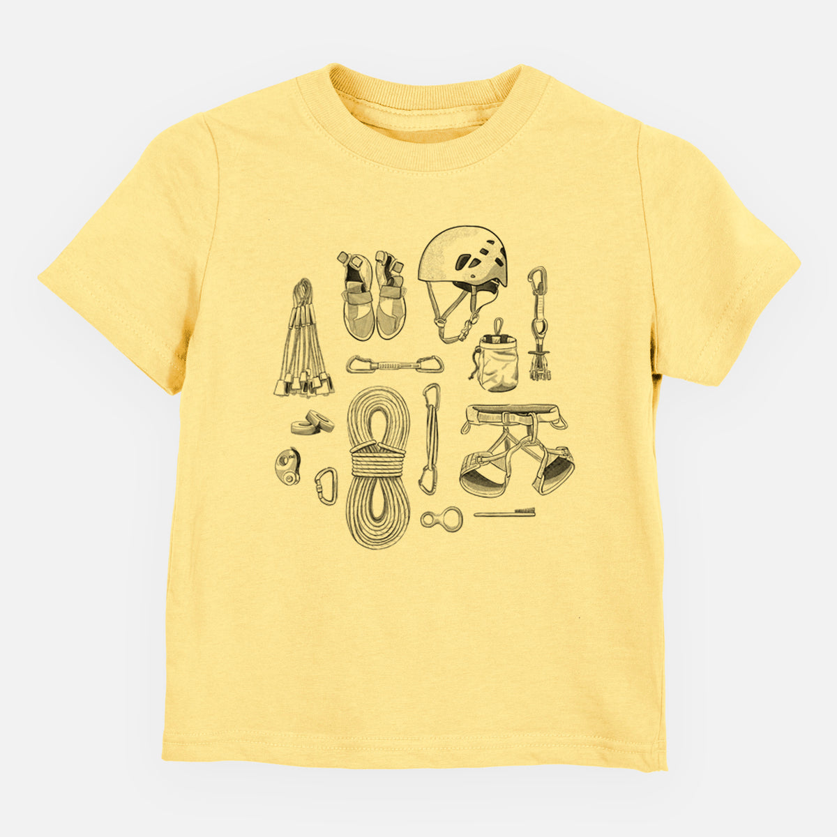 Butter yellow toddler t-shirt laid flat, printed with a black ink flat lay of rock climbing gear, including a helmet, shoes, rope, harness and carabiners.