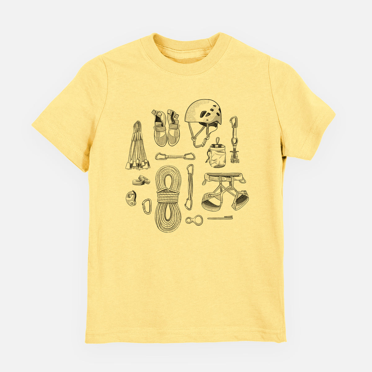 Butter yellow youth t-shirt laid flat, printed with a black ink flat lay of rock climbing gear, including a helmet, shoes, rope, harness and carabiners.