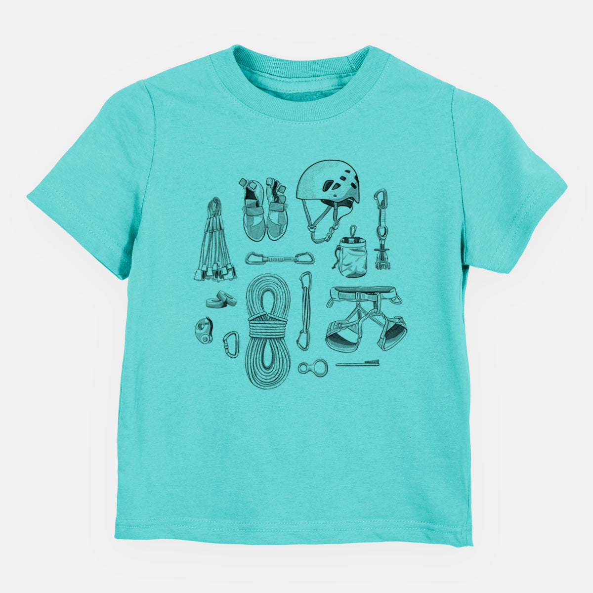 Caribbean blue toddler t-shirt laid flat, printed with a black ink flat lay of rock climbing gear, including a helmet, shoes, rope, harness and carabiners.