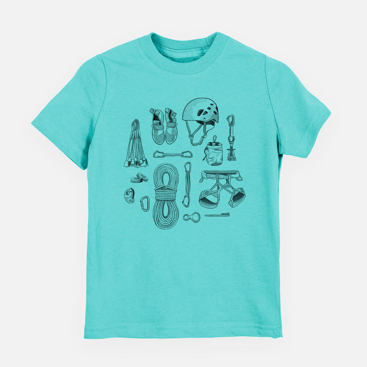 Caribbean blue youth t-shirt laid flat, printed with a black ink flat lay of rock climbing gear, including a helmet, shoes, rope, harness and carabiners.
