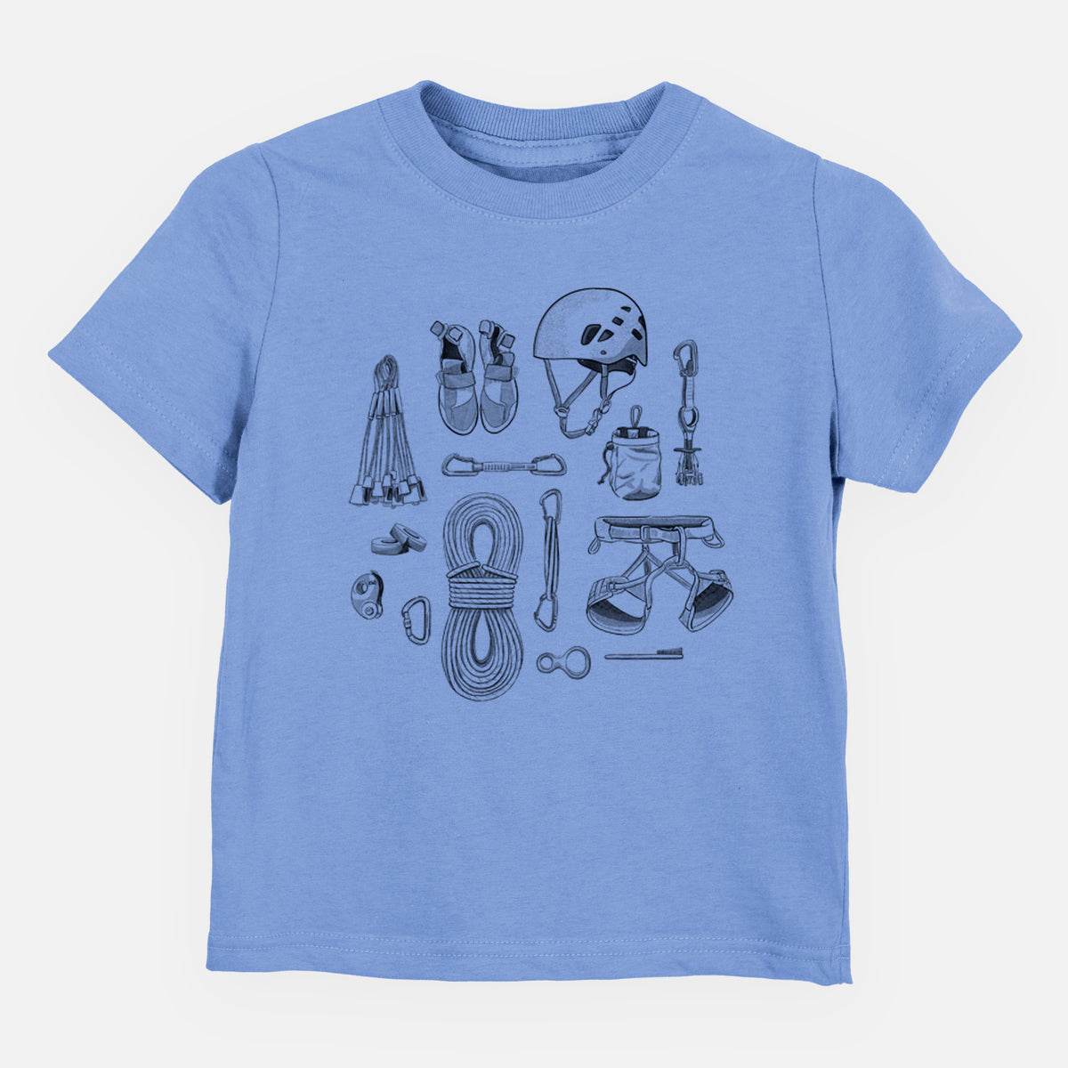 Carolina blue toddler t-shirt laid flat, printed with a black ink flat lay of rock climbing gear, including a helmet, shoes, rope, harness and carabiners.