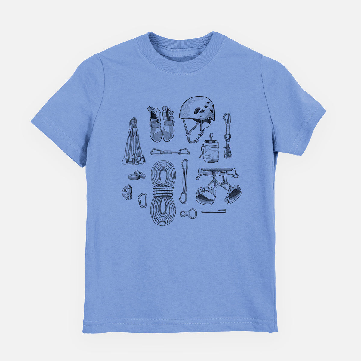 Carolina blue youth t-shirt laid flat, printed with a black ink flat lay of rock climbing gear, including a helmet, shoes, rope, harness and carabiners.