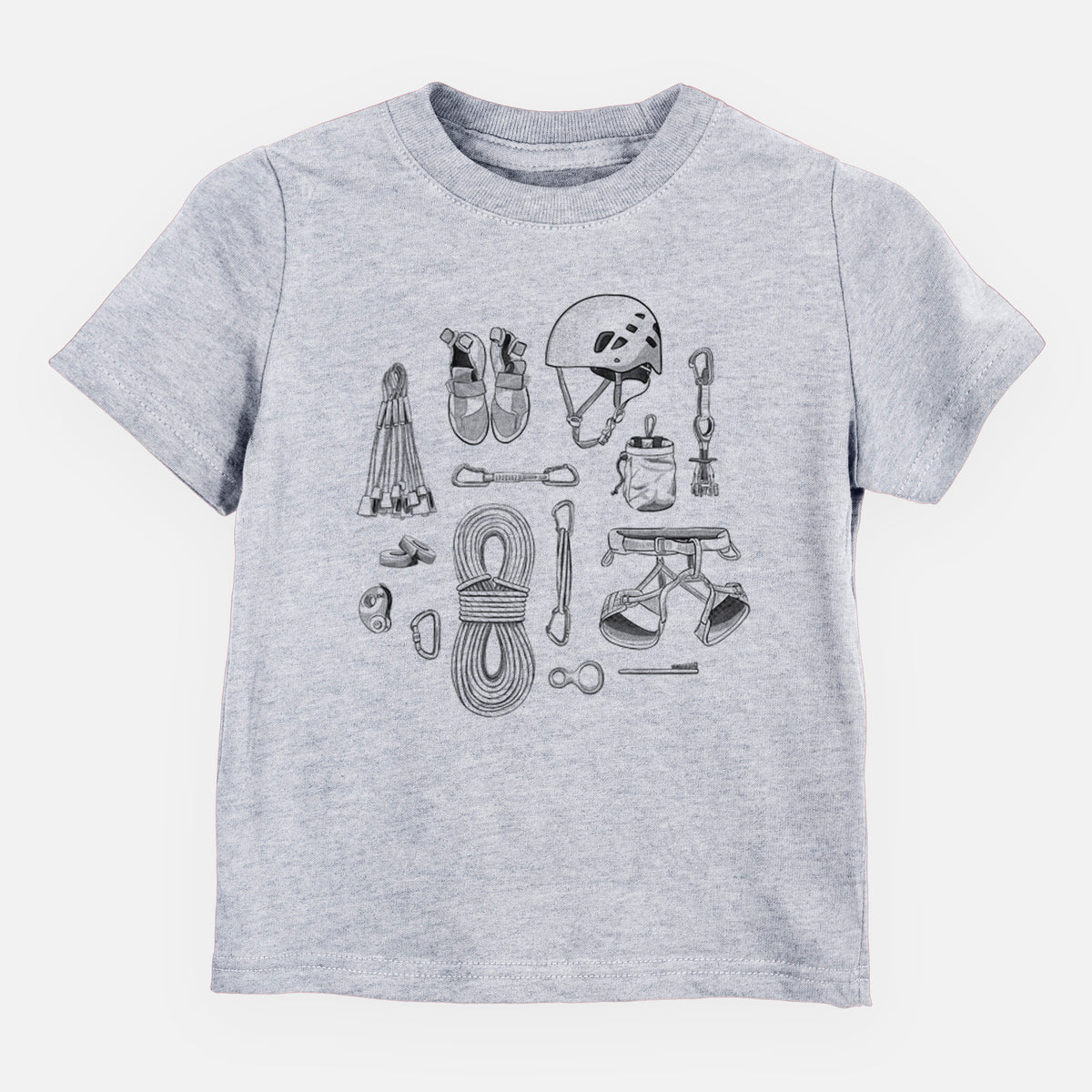 Heather grey toddler t-shirt laid flat, printed with a black ink flat lay of rock climbing gear, including a helmet, shoes, rope, harness and carabiners.