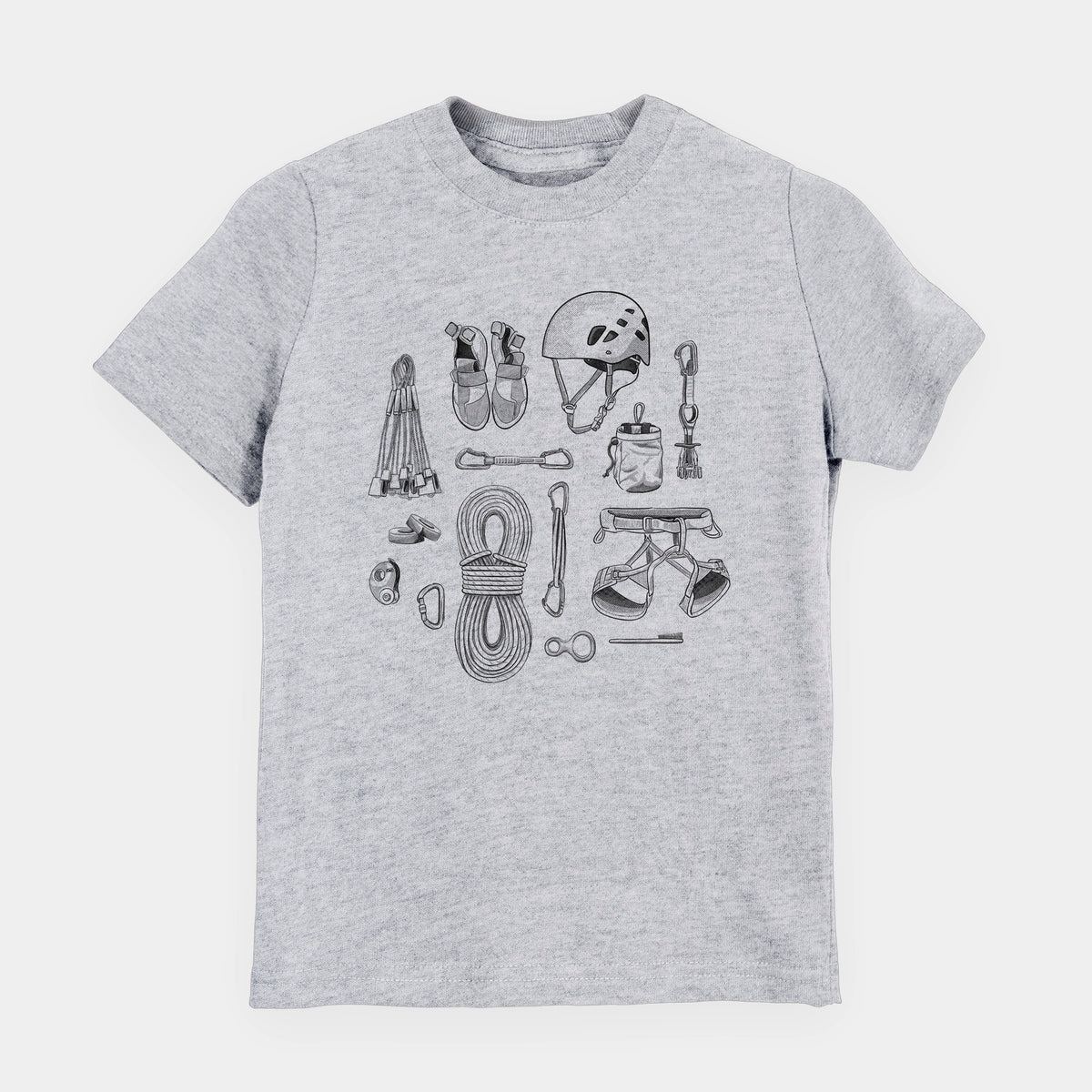 Heather grey youth t-shirt laid flat, printed with a black ink flat lay of rock climbing gear, including a helmet, shoes, rope, harness and carabiners.