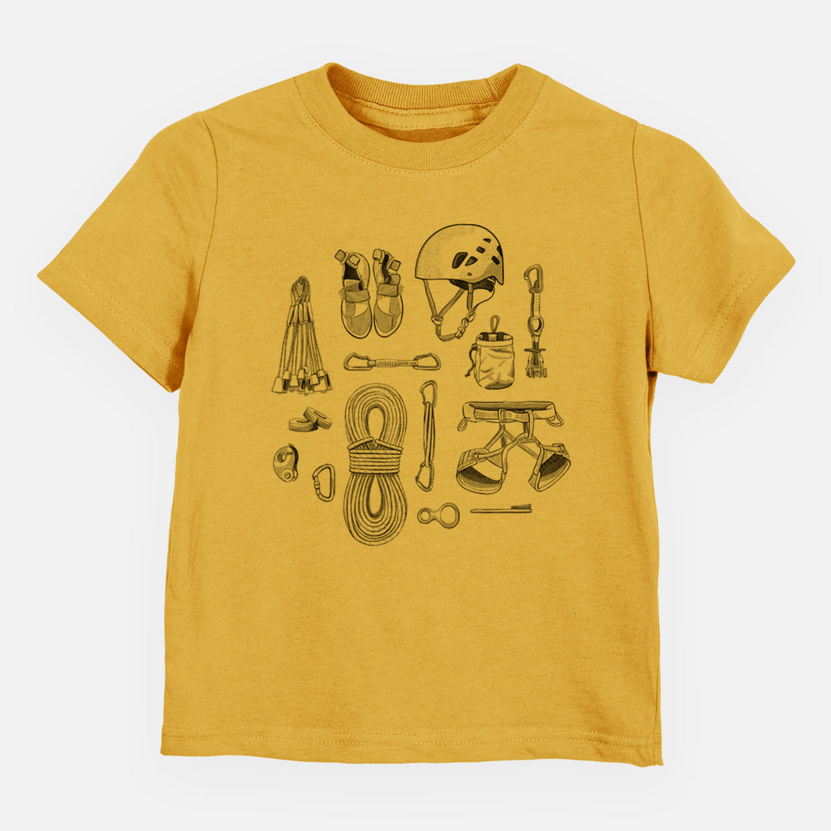 Honeycomb yellow toddler t-shirt laid flat, printed with a black ink flat lay of rock climbing gear, including a helmet, shoes, rope, harness and carabiners.