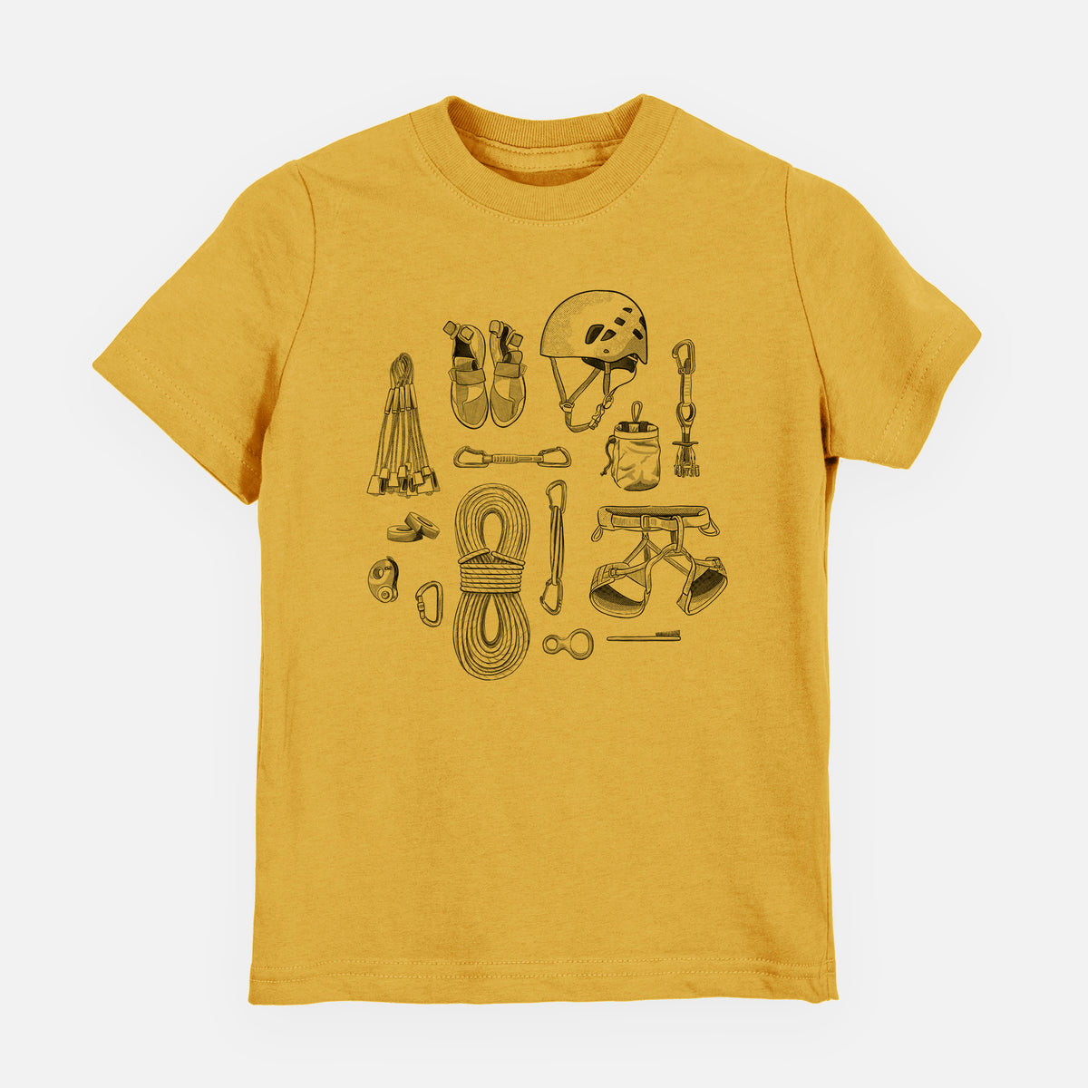 Honeycomb yellow youth t-shirt laid flat, printed with a black ink flat lay of rock climbing gear, including a helmet, shoes, rope, harness and carabiners.