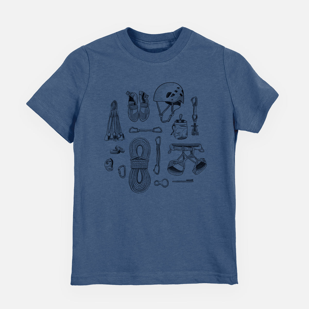 Indigo blue youth t-shirt laid flat, printed with a black ink flat lay of rock climbing gear, including a helmet, shoes, rope, harness and carabiners.