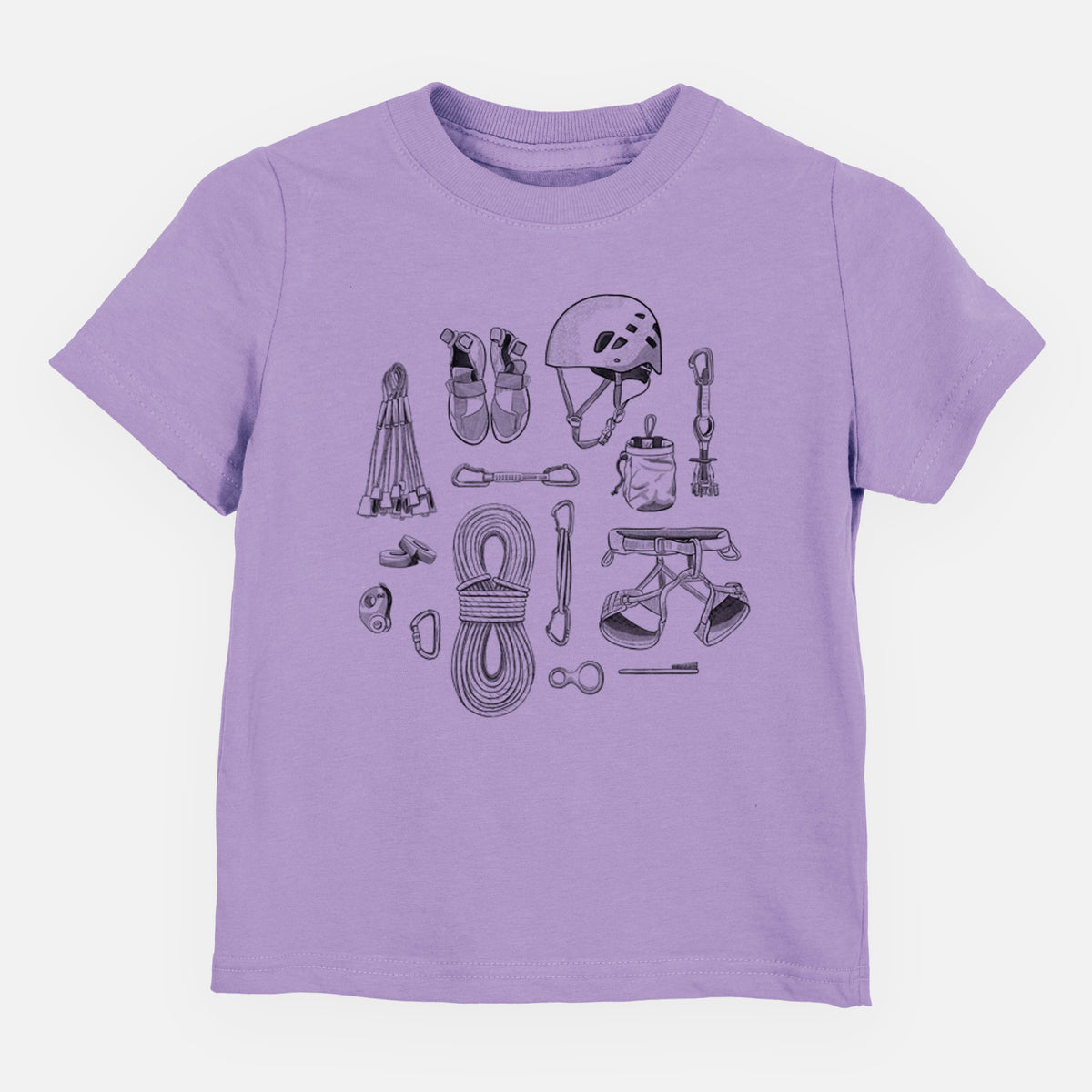Lavender toddler t-shirt laid flat, printed with a black ink flat lay of rock climbing gear, including a helmet, shoes, rope, harness and carabiners.