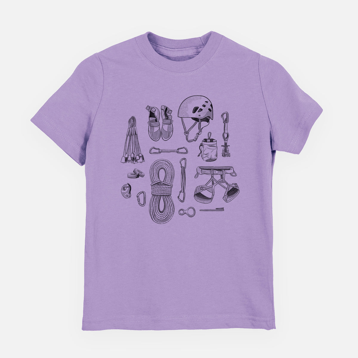 Lavender youth t-shirt laid flat, printed with a black ink flat lay of rock climbing gear, including a helmet, shoes, rope, harness and carabiners.