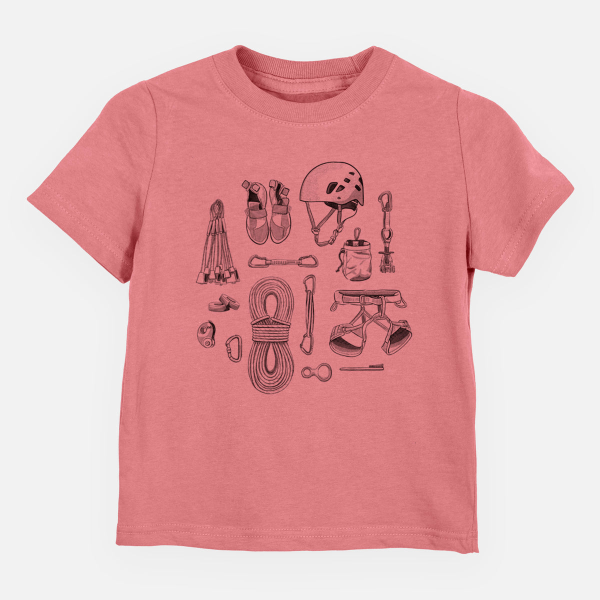 Mauve pink toddler t-shirt laid flat, printed with a black ink flat lay of rock climbing gear, including a helmet, shoes, rope, harness and carabiners.