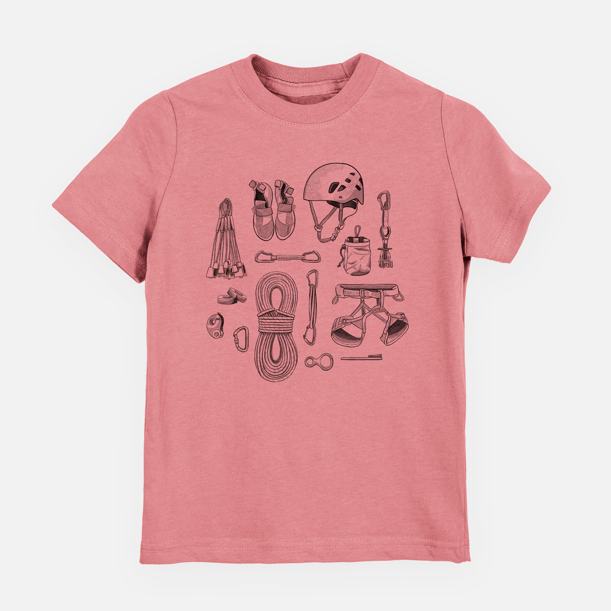 Mauve pink youth t-shirt laid flat, printed with a black ink flat lay of rock climbing gear, including a helmet, shoes, rope, harness and carabiners.