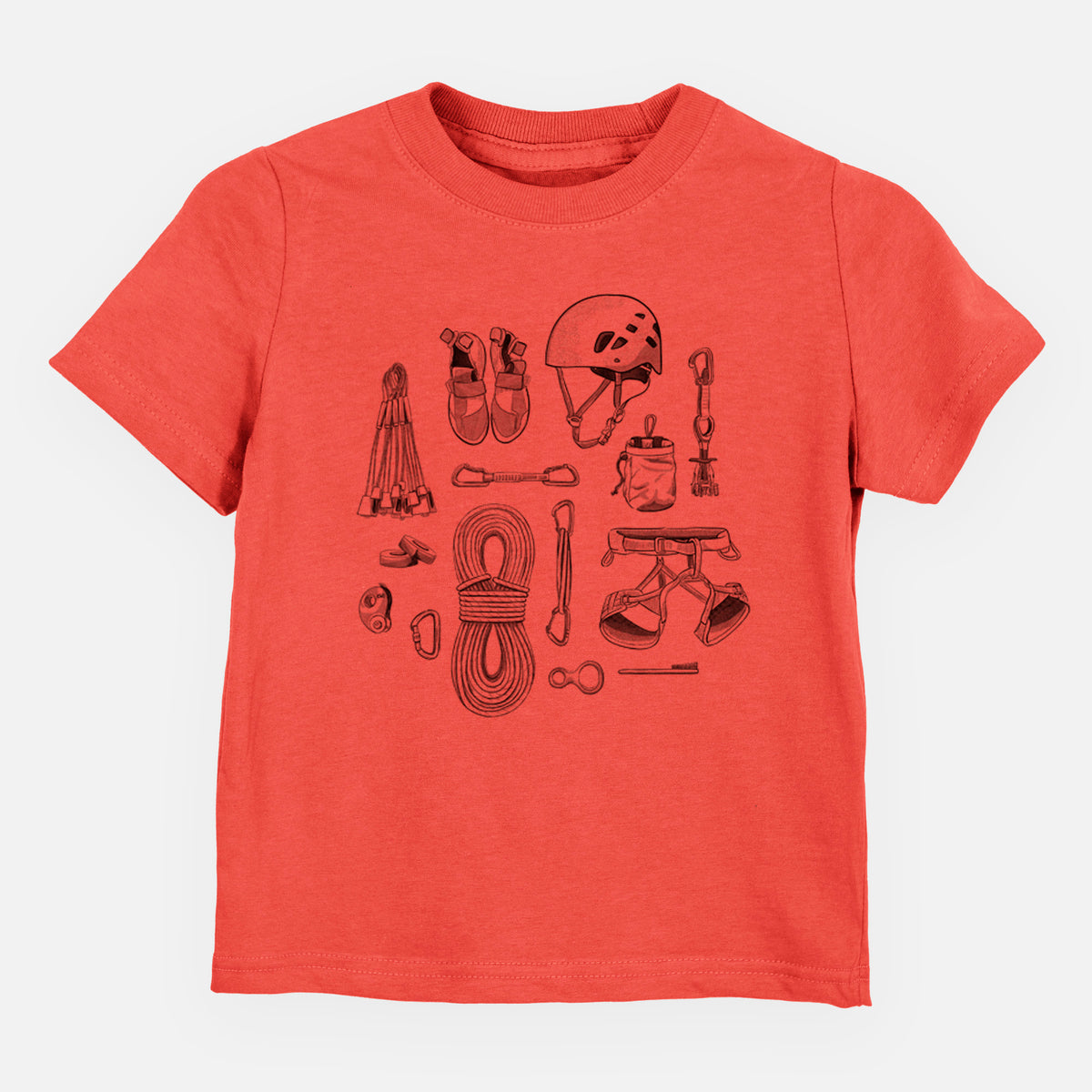 Passionfruit pink toddler t-shirt laid flat, printed with a black ink flat lay of rock climbing gear, including a helmet, shoes, rope, harness and carabiners.