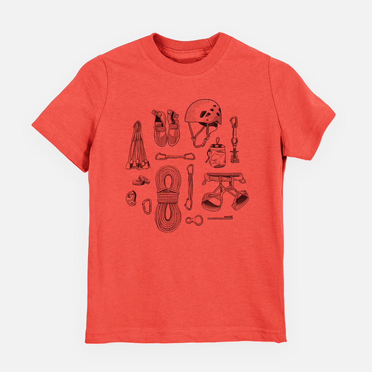 Passionfruit pink youth t-shirt laid flat, printed with a black ink flat lay of rock climbing gear, including a helmet, shoes, rope, harness and carabiners.