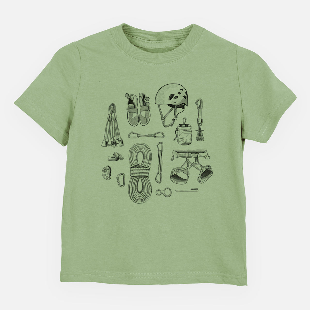 Sage green toddler t-shirt laid flat, printed with a black ink flat lay of rock climbing gear, including a helmet, shoes, rope, harness and carabiners.