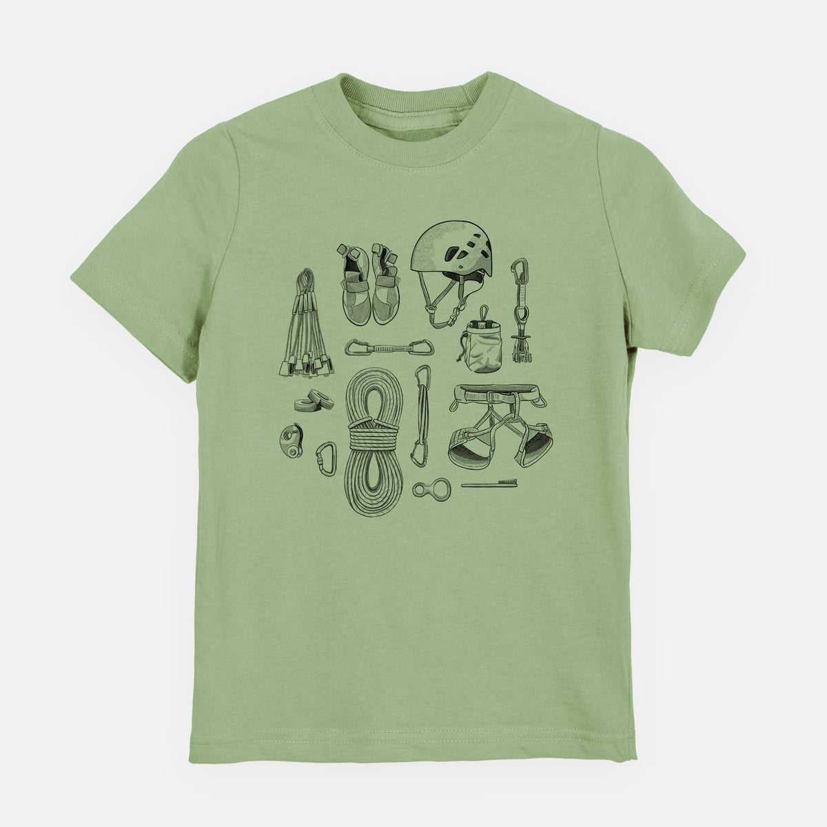 Sage green youth t-shirt laid flat, printed with a black ink flat lay of rock climbing gear, including a helmet, shoes, rope, harness and carabiners.