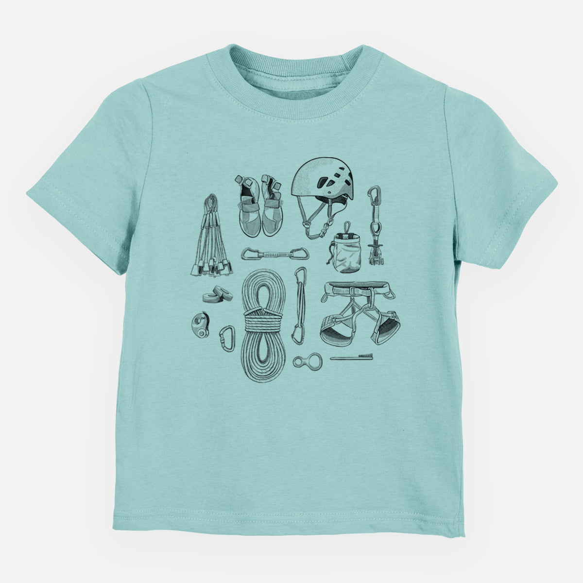 Saltwater toddler t-shirt laid flat, printed with a black ink flat lay of rock climbing gear, including a helmet, shoes, rope, harness and carabiners.