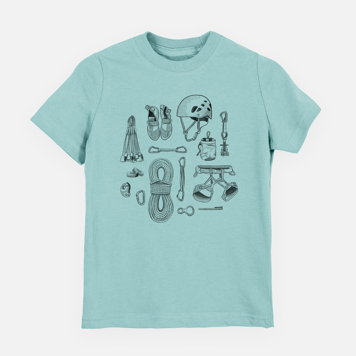 Saltwater youth t-shirt laid flat, printed with a black ink flat lay of rock climbing gear, including a helmet, shoes, rope, harness and carabiners.
