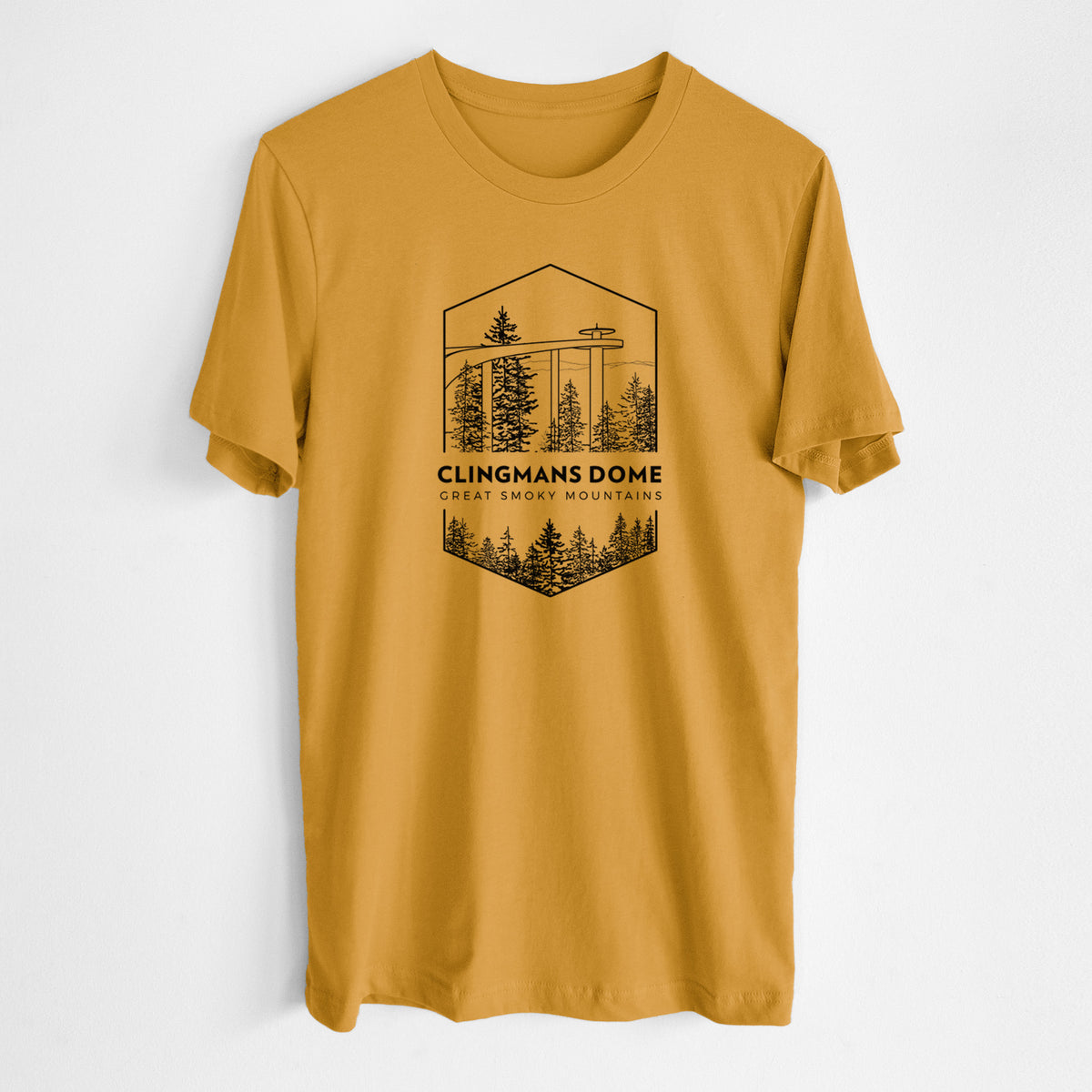 Honeycomb yellow lightweight cotton t-shirt laid flat, printed with a black line art badge of the Clingmans Dome observation tower above a pine forest, with the words Clingmans Dome, Great Smoky Mountains.