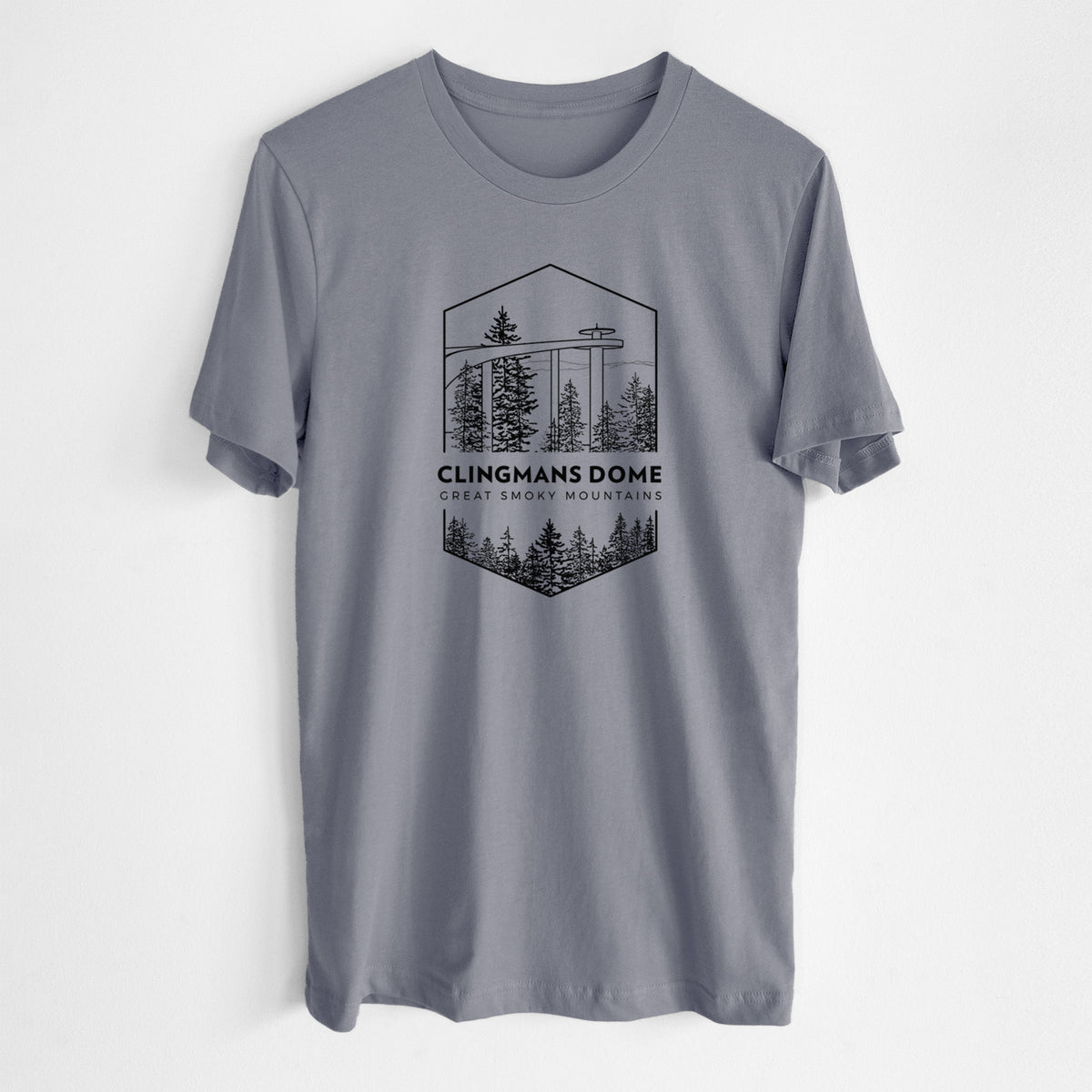 Storm grey lightweight cotton t-shirt laid flat, printed with a black line art badge of the Clingmans Dome observation tower above a pine forest, with the words Clingmans Dome, Great Smoky Mountains.