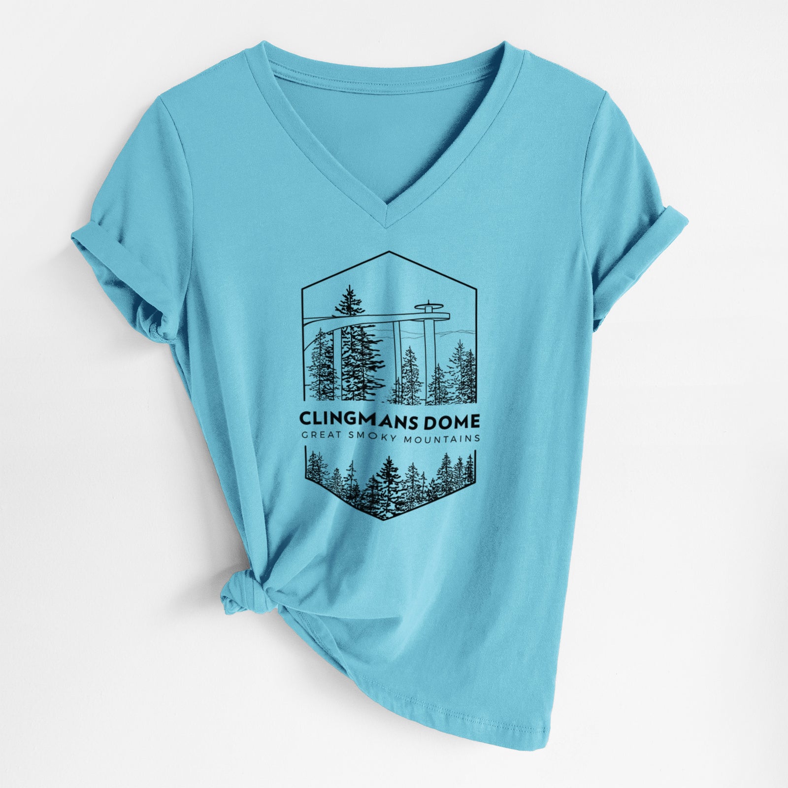 Turquoise women's relaxed fit cotton V-neck t-shirt laid flat, printed with a black line art badge of the Clingmans Dome observation tower above a pine forest, with the words Clingmans Dome, Great Smoky Mountains.