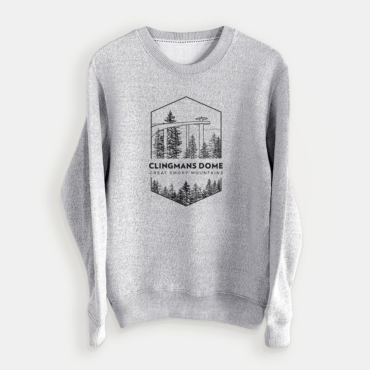 Salt and pepper knit sweatshirt laid flat, printed with a black line art badge of the Clingmans Dome observation tower above a pine forest, with the words Clingmans Dome, Great Smoky Mountains.